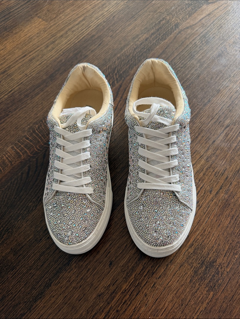 Betsey Johnson Iridescent Crystal Embellished Lace-Up Sneakers - Silver
